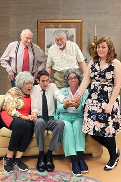 FAMILY TIES Nicky (Greg DeMartini, left of center) struggles to choose between taking a job promotion in Seattle and staying close to his grandparents in New York. Pictured: Dori Duke, seated left, as Grandma Aida; DeMartini as Nicky; Cynthia Anthony as Grandma Emma; Haley Przybyla as Caitlin, standing right; Bill Jackson as Grandpa Frank, standing left; and Tracy Mayfield as Gramps Nunzio, standing center. - PHOTO COURTESY OF WINE COUNTRY THEATRE