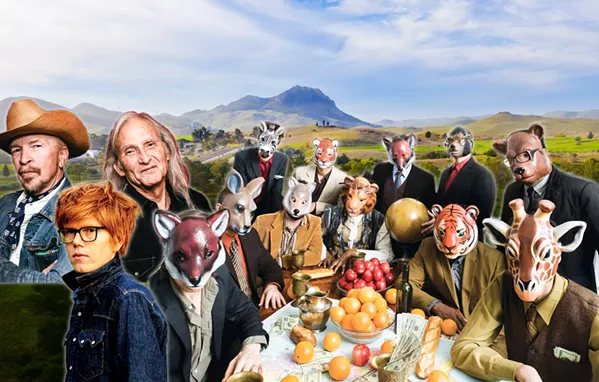 HEADLINERS (From left) Dave Alvin and Jimmie Dale Gilmore, Brett Dennen, and Antibalas headline the 2019 Live Oak Music Festival from June 21 to 23, at El Chorro Regional Park. - PHOTOS COURTESY OF DAVE ALVIN AND JIMMIE DALE GILMORE; BRETT DENNEN; ANTIBALAS; AND THE LIVE OAK MUSIC FESTIVAL; PHOTO ILLUSTRATION BY ALEX ZUNIGA