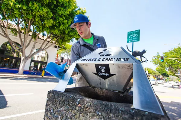 CLEAN STREETS Downtown SLO's current ambassador, Austin Bertucci, cleans pretty much everything downtown—benches, trash cans, plaques, and more—and even does a little tree trimming. - PHOTOS BY JAYSON MELLOM