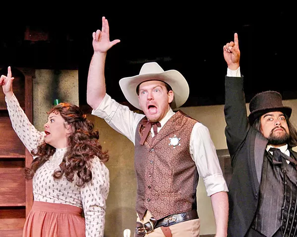 SHOOTOUT What happens when the sheriff (Mike Fiore, center), a bartender (Katie Gucik, left), and an undertaker (Alejandro Gutierrez) must defend the town of Dead Water, Arizona? Find out in the Great American Melodrama's How the West Was Really Won. - PHOTOS COURTESY OF THE GREAT AMERICAN MELODRAMA