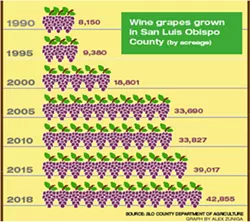 GROWTH The growth of the SLO County wine industry has increased demand on the Paso Robles basin over time. The basin, which serves 40 percent of all the county's agriculture, is overdrafted by 13,700 acre-feet annually. - GRAPH BY ALEX ZUNIGA