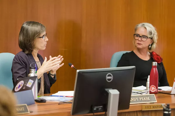 ALL IN SLO Mayor Heidi Harmon (right) and Vice Mayor Andy Pease discuss the city's enrollment with Monterey Bay Community Power. SLO was the first city out of 10 in SLO and Santa Barbara counties to decide to join the Community Choice Energy program. - PHOTOS BY JAYSON MELLOM