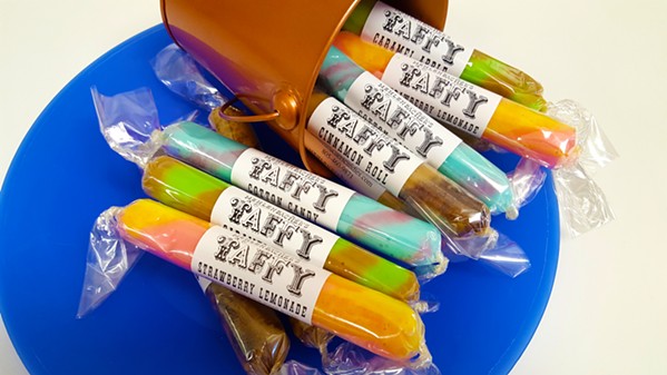 FAVORITE FLAVORS Mehlenbacher's Taffy features 20 or so regular flavors&mdash;including orange cream, huckleberry, watermelon, raspberry, grape, cherry, cotton candy, and peanut butter cup&mdash;which are about $1.99 per piece. - PHOTO COURTESY OF ALICIA HIMELSON