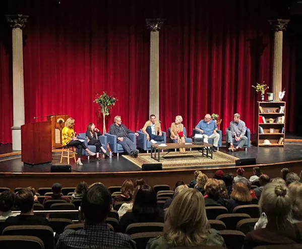 OPENING NIGHT Wendy Thies Sell (left) moderates the opening "Creativity Under Pressure" discussion with (from left to right) Monica Piper, Phil Cousineau, Ricky Roxburgh, Linda Aronson, Ross Brown, and Donald H. Hewitt as panelists. - PHOTO BY MALEA MARTIN