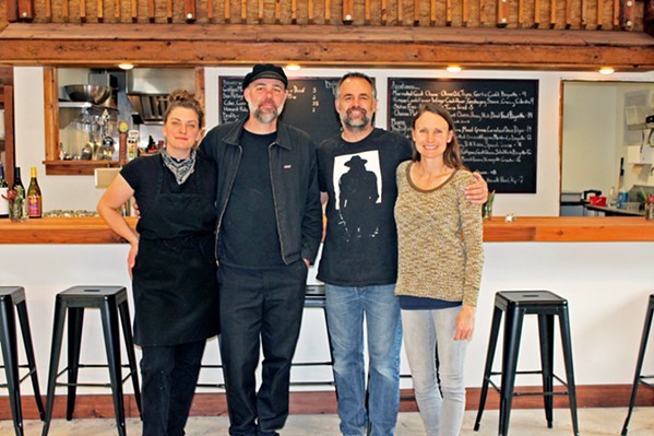 NEW OWNERS, GREAT TASTE Two couples have taken over (and tastefully spruced up) the former Last Stage West spot. From left: chef/owner Autumn King, owner/cook/handyman Daniel Fox, Los Osos contractor and property caretaker Omega Zaitz, and engineer/baker/mom/social media and branding guru Kristin Zaitz. - PHOTO COURTESY OF AUTUMN KING