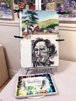 REMEMBERING THE ARTIST A portrait of Steve Kellogg sits among the hundreds of paintings on display at Cambria Center for the Arts through Oct. 27. - PHOTOS BY MALEA MARTIN