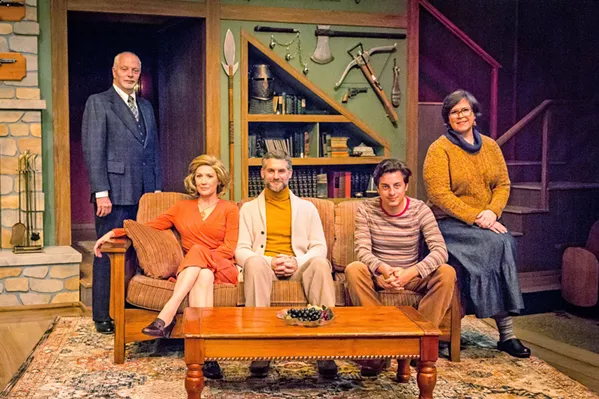 THE CAST SLO Rep's five-person cast does great justice to Deathtrap's infamous twists and turns. From left to right: Porter (Tom Ammon), Myra Bruhl (Melinda Parrett), Sidney Bruhl (Michael Brusasco), Clifford Anderson (Cameron Parker), and Helga (Zoia N. Wiseman). - PHOTOS BY RYLO MEDIA DESIGN, RYAN C. LOYD