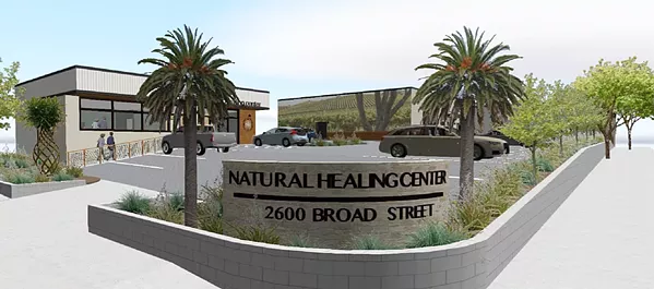 ON ITS WAY It won't be another six months or so until Natural Healing Center opens its cannabis dispensary in SLO (rendered here), as the company is remodeling two buildings and combining two lots on Broad Street. - RENDERING COURTESY OF THE CITY OF SLO