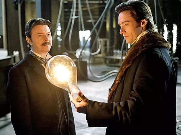 MAJOR TESLA TO GROUND CONTROL Nikola Tesla (David Bowie) shows magician Robert Angier (Hugh Jackman) a thing or two about "real magic," in director Christopher Nolan's 2006 psychological thriller, The Prestige. - PHOTO COURTESY OF TOUCHSTONE PICTURES