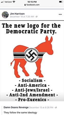 'THE NEW LOGO' Jim Harrison came under fire at the end of 2019 for sharing several memes comparing Democrats to Nazis and calling for Islam to be banned. - SCREENSHOT FROM FACEBOOK