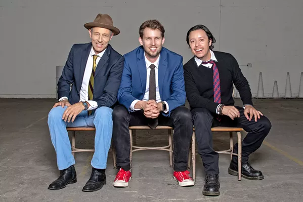 MEET THE STARS Three of Napoleon Dynamite's most recognizable characters were present at Cal Poly on Feb. 4 to answer audience questions. From left to right: Jonathan Francis Gries (Uncle Rico), Jon Heder (Napoleon Dynamite), and Efren Ramirez (Pedro). - PHOTO COURTESY OF CAL POLY ASI