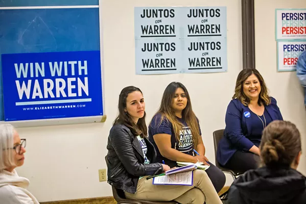 VOTER ENGAGEMENT Alexandria Wilcox (left) and Maria Martinez (middle)— staffers for Sen. Elizabeth Warren's (D-Massachusetts) presidential campaign—join Goleta Unified School Board Trustee Luz Reyes-Martin (right) in hosting a Latinx voter engagement forum in Santa Maria on Feb. 20. - PHOTOS BY JAYSON MELLOM