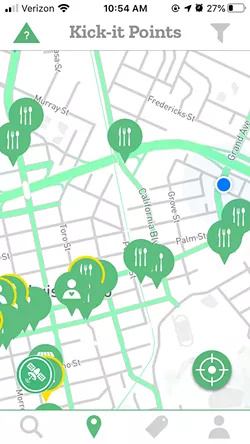 SUPPORT FROM AFAR Locally based app Kick-it Points is allows businesses to offer discounts and coupons to customers who complete certain social distancing activities. The app's interactive map shows which businesses are offering deals. - SCREENSHOT