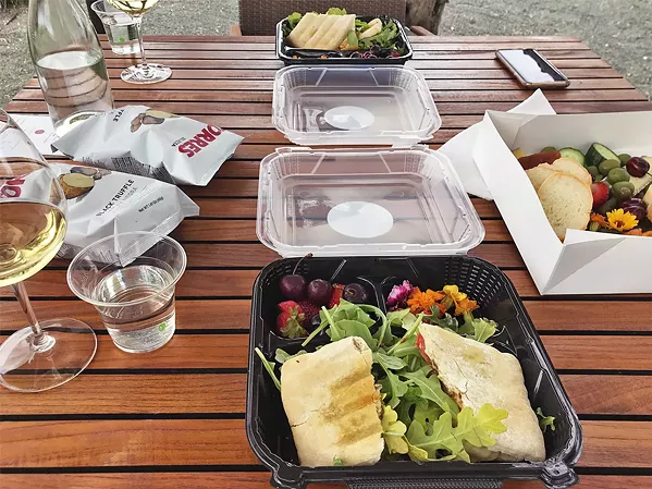 LUNCH AT TOLOSA At Tolosa Winery in Edna Valley, a recent meal by LouLou Cheese Girl includes sandwiches and a cheese box out the picturesque terrace. - PHOTOS BY BETH GIUFFRE