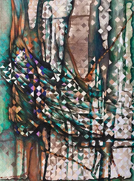 DAYWATCHER Chasing Bigfoot across the canvas, Allebe camouflaged the beast in geometric shapes. - IMAGE COURTESY OF ADRIENNE ALLEBE