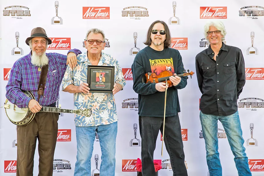 BEST SONGWRITER Irascible Don Lampson (second from left)—with band members (left to right) BanjerDan Mazer, Eric Brittain, and Charlie Kleeman—won Best Songwriter for the narrative insta-classic "Bakersfield Girl." - PHOTO BY JAYSON MELLOM