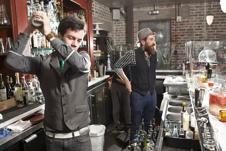 SHAKE IT UP: The Granada Boys, Henry Bley (left) and Bar Manager Eric Hunter, not only showed New Times a few of their craft drinks, but also how they infuse their own mescal and syrups. - PHOTO BY STEVE E. MILLER