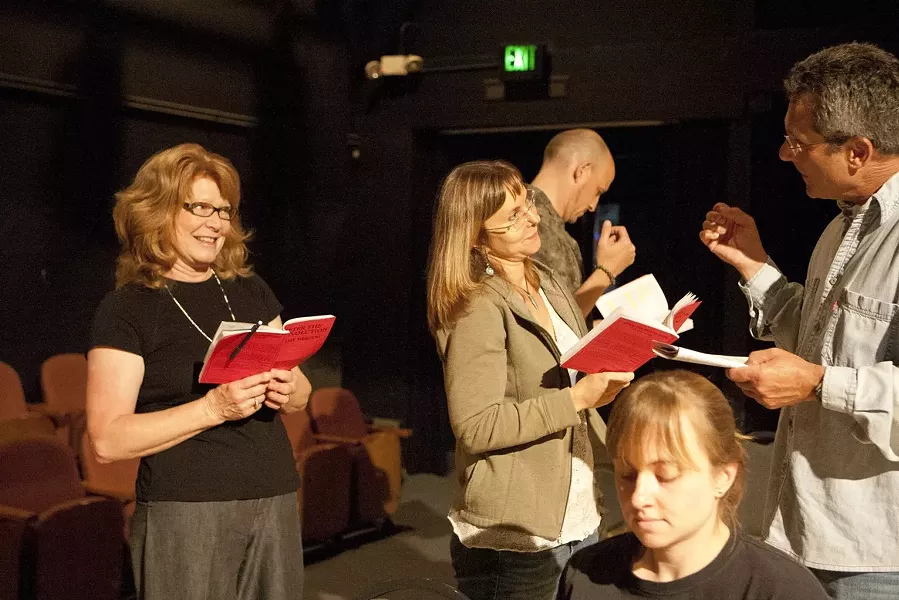 VIVA LA REVOLUCION! : Christine Hance, Cordelia Roberts, Maggie Coons, Clint Kempster, and Daniel Freeman, pictured from left to right, lend their voices and more to Amy Herzog’s After the Revolution, an Ubu’s Other Shoe staged reading. - PHOTO BY STEVE E. MILLER