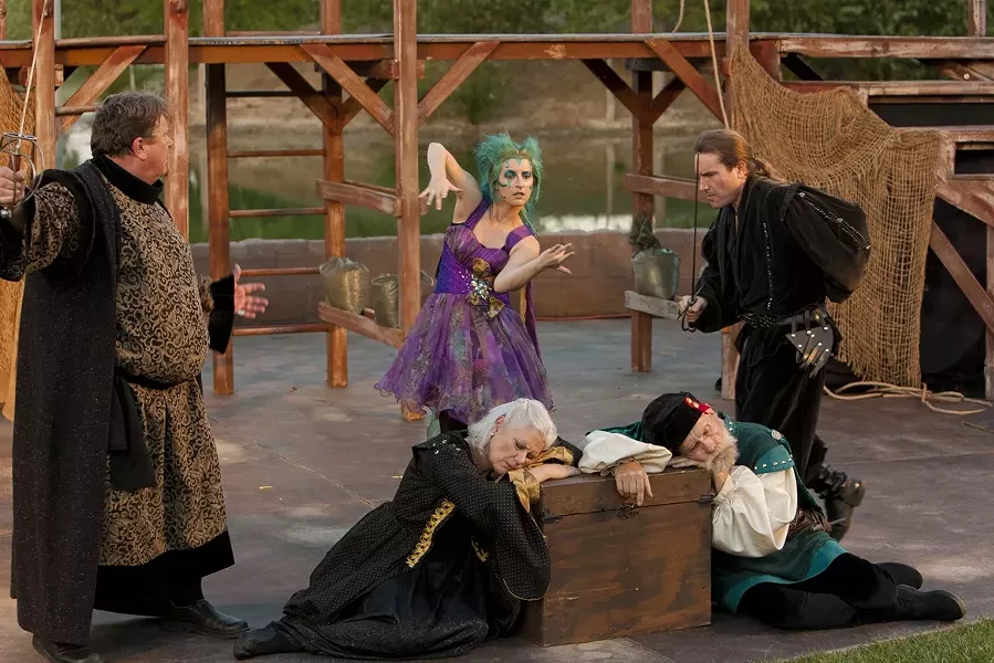 FORCE OF NATURE : Invisible spirit Ariel (Katherine Perello, center) thwarts the plans of Antonio (David Anthony Hance, far left) and Sebastian (Charles Hayek, far right) to murder Alonso and Gonzolo (Jean Miller and Bob Knowles, sleeping) in the Central Coast Shakespeare Festival’s staging of The Tempest. - PHOTO BY STEVE E. MILLER