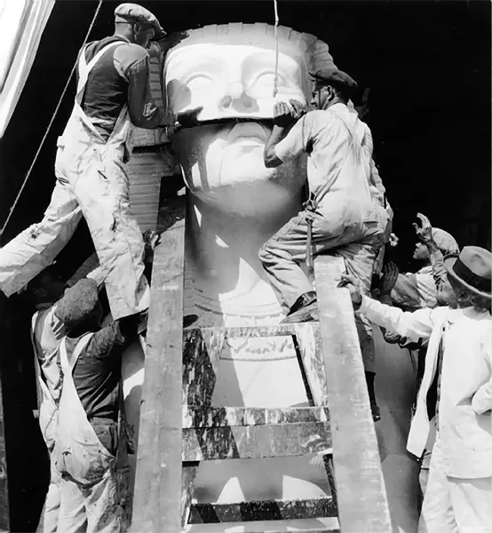 RIGGING RAMSES: Famous artist Paul Iribe designed and sculpted the huge statues of the Pharaoh Ramses, which were built on site in the Guadalupe dunes. - PHOTO COURTESY OF THE GUADALUPE-NIPOMO DUNES CENTER