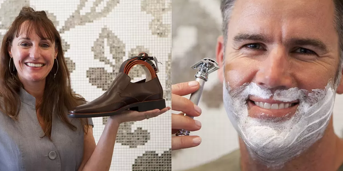 FACE TIME : Jules DuRocher (left), co-owner of Jules D., sells shoes, belts, and other stuff for guys with style—including shaving equipment, as demonstrated by customer Justin Watson (right). - PHOTOS BY STEVE E. MILLER