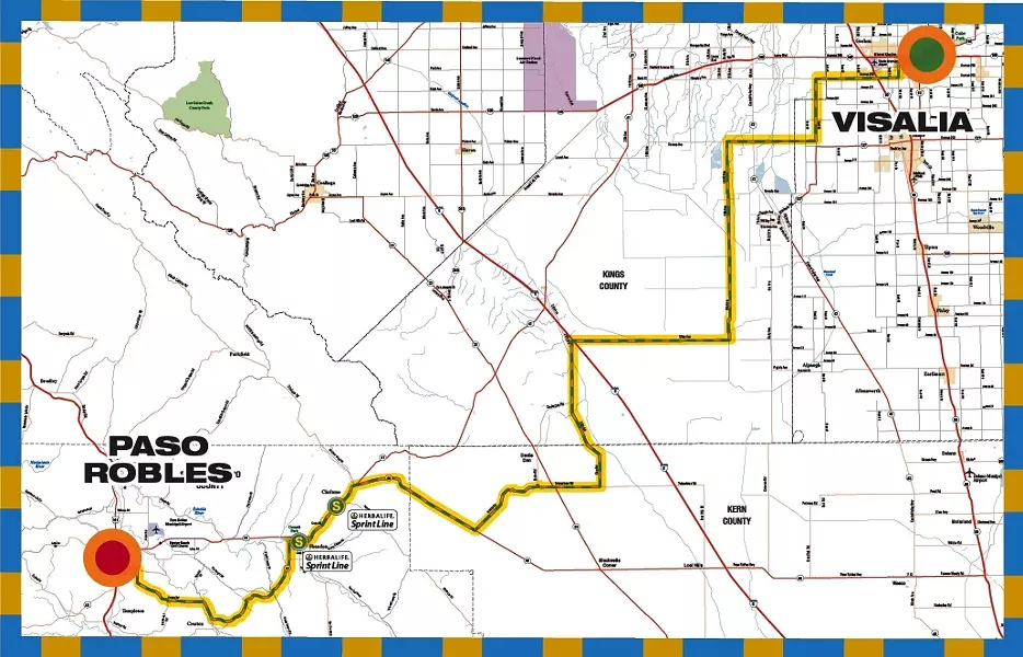 NEW ROUTE : Race officials describe the stage route into Paso from Visalia as fast but largely unprotected from potential winds. - GRAPHIC COURTESY OF THE AMGEN TOUR OF CALIFORNIA