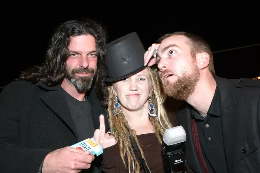 ROGUE’S GALLERY : New Times photographer Steve E. Miller, Skin Deep freelancer Brittany App, and VIP-bubbled, vowel-less n’er-do-well Mchl Vandenberg enjoy a post show group hug. - PHOTO BY GLEN STARKEY