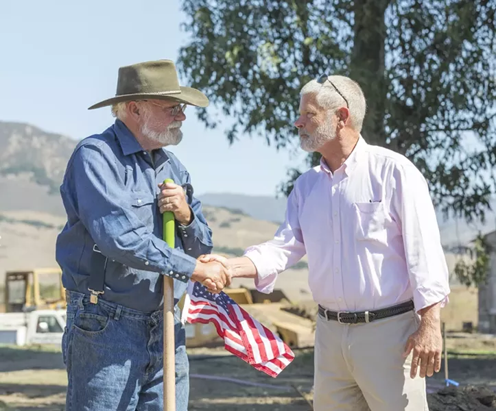 TRUCE: Dan De Vaul and Supervisor Bruce Gibson (right) on Sept. 19. - PHOTO BY COLIN RIGLEY