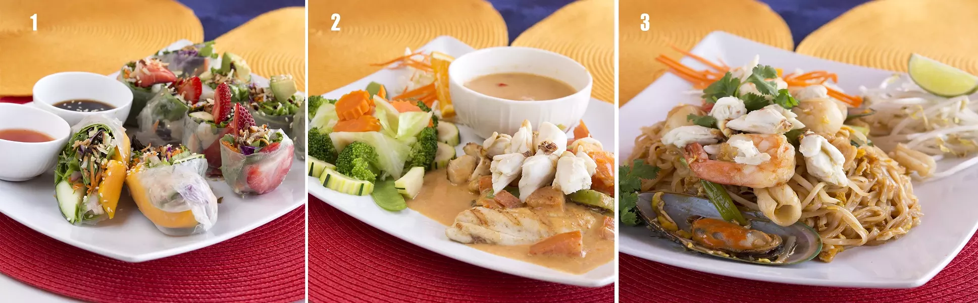 PLEASING TO THE EYE AND MOUTH : Three dishes from Bunn Thai in Grover Beach are bound to please: (1) Combo Fresh Roll, including the mango, strawberry, and avocado varieties; (2) Heaven on Earth, made with tilapia and real crab, with a mild Panang curry; (3) Andaman Pad Thai with jumbo shrimp, mussels, calamari and real crab. - PHOTOS BY STEVE E. MILLER