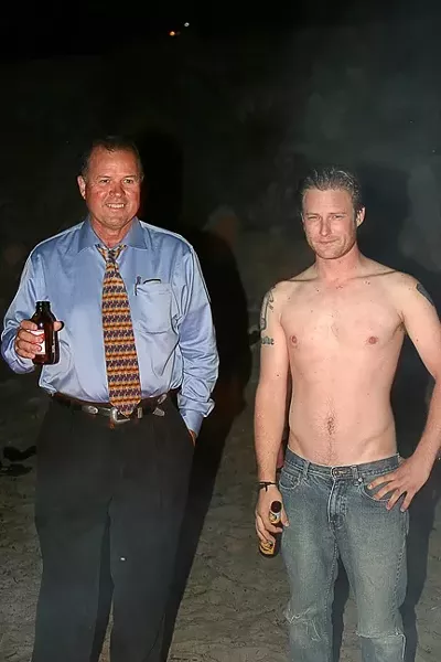 ONE OF THESE THINGS IS NOT LIKE THE OTHER : Respectable Dane Sensor makes a stark contrast to shirtless New Times office hunk Matt Fountain. - PHOTO BY GLEN STARKEY