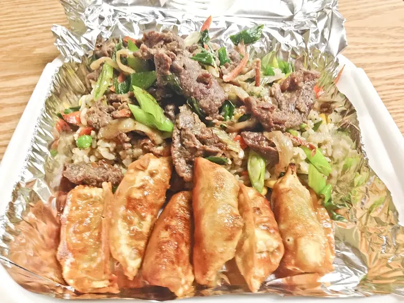 FUSION: The duo serve up a wide variety of breakfast and lunch foods, including specialties like the Korean Rice and Beef Combo (pictured). - PHOTO BY RHYS HEYDEN