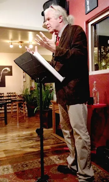 MUSE IT OR LOSE IT: SLO poet laureate emeritus, Cal Poly professor, and New Times contributor James Cushing does his thing at the Wise Owl in Cambria. - PHOTO BY CELESTE GOYER