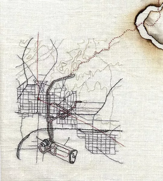 OFF THE GRID: Johnson’s intricate, handcrafted embroidery encompasses images from a motorcycle manual and topographical and map elements, as can be seen in her piece 'Presidio and the Big, Bright Sun.' - IMAGE COURTESY OF HEATHER JOHNSON