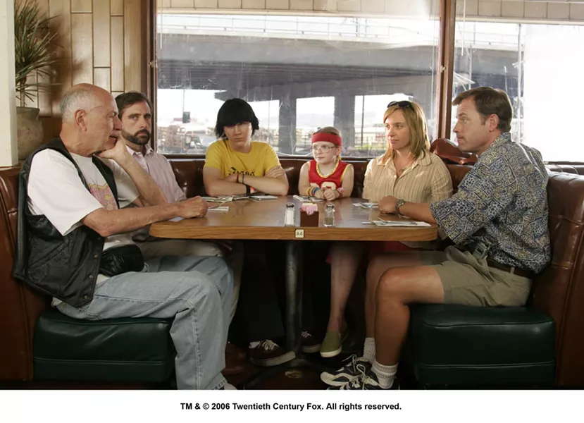 ROAD TRIP BLUES : Greg Kinnear, Toni Collette, Steve Carell, Paul Dano, Abigail Breslin, and Alan Arkin portray the comically dysfunctional Hoover family, on a road trip to Redondo Beach in Little Miss Sunshine. - PHOTO COURTESY OF TWENIETH CENTURY FOX