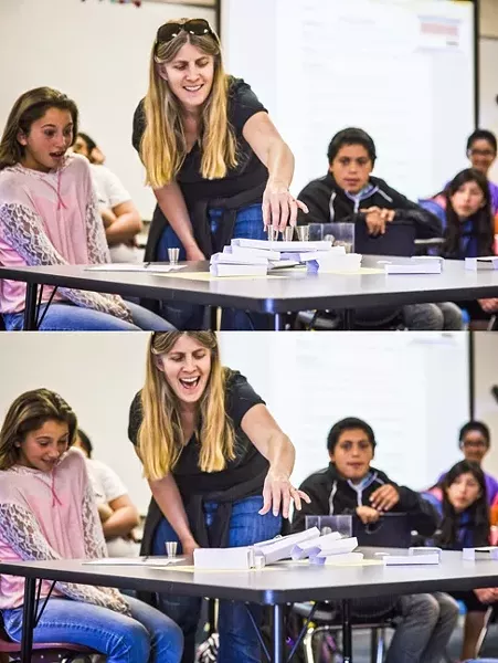 TIMBER!: Students in Aimee Burrus’ sixth grade class at Los Osos Middle School were tasked with building a bridge, which Burrus later stress tested. - PHOTOS BY HENRY BRUINGTON