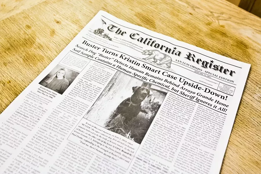 REGISTERING THIS: The fourth issue of 'The California Register,' which boasts some strong claims about new information in the investigation into the disappearance of Kristin Smart, was delivered to San Luis Obispo residents in January. - PHOTO BY KAORI FUNAHASHI