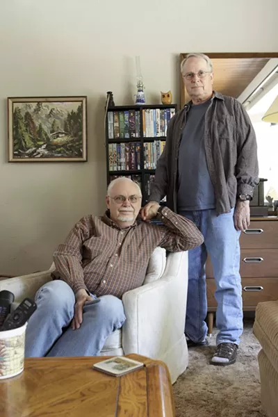 TOGETHER AT LAST : Vern Isakson (right) and Ron Sampson are one of the older gay couples in SLO County, but they were forced into a rushed wedding last year before Proposition 8 made gay marriage illegal. - PHOTO BY STEVE E. MILLER