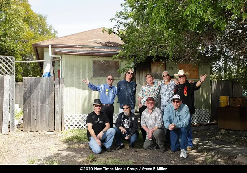 MEN WITH A MISSION : (left to right, back row) Little Robbie Kimball, Tim Jackson, Peter Yelda, Louie Ortega, Randy Pybas, and (left to right, front row) Josef Kasperovich, Frankie Paredes, Bill Donley, and Lance Robison are a few of the more than one dozen musicians who will play a fundraising benefit at Chili Peppers on May 22, to help a family of employees who lost their home to a fire. - PHOTO BY STEVE E. MILLER