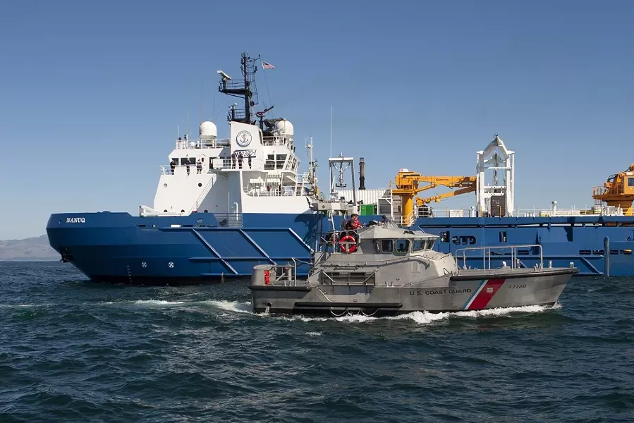 MISSION ACCOMPLISHED : The private salvage vessel, the Nanuq, sits parked over the wreckage of the sunken Montebello, approximately six miles off the Cambria coast, on Oct. 13. - PHOTO BY STEVE E. MILLER