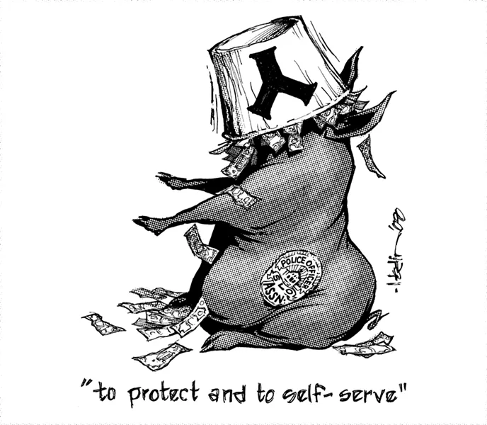 PIGS AT THE PUBLIC TROUGH : The city of SLO is facing a budget crisis as the result of a binding arbitration decision. When the city and the police union failed to agree on new contract details, the process moved to binding arbitration—where a third party makes the decision—and SLO ended up with rookie cops who need nothing more advanced than a high school diploma to earn more than $80,000 a year. - ILLUSTRATION BY RUSSELL HODIN
