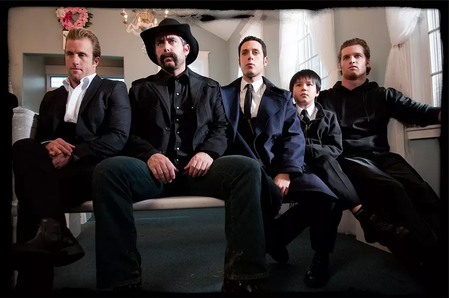 PUTTING THE FUN IN FUNERAL : Scott Caan, Jason Jones, Paulo Constanzo, Siam Yu, and Jared Keeso star as ne’er-do-well Duke White’s five sons, in Jonathon SOBOL’s dark comedy. - PHOTO COURTESY OF DARIUS FILMS