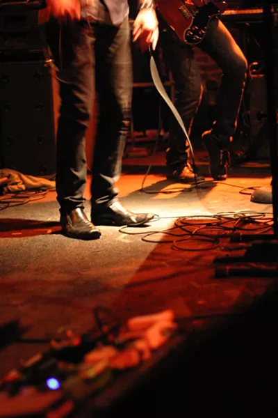 SKINNY JEANS : Shoegazing is out when Callista singer Evan Jarrell works his teen heartthrob magic on the crowd at Downtown Brew. - PHOTO BY GLEN STARKEY