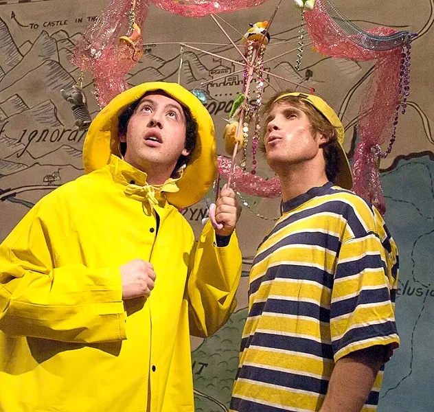 MILO AND THE WHETHER MAN : Max Sopkin as the Whether Man, who cheerfully gives useless predictions to Andrew Olson’s Milo in Cal Poly’s The Phantom Tollbooth. - PHOTO BY TIM DUGAN