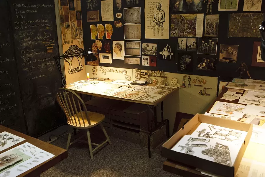 THE ARTIST’S SANCTUARY : Pictured is Kroll’s studio, which contains endless drawers of things she’s cut out, which now await use in future projects.