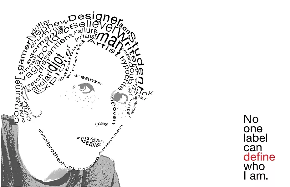 TYPE FACE : “I was just using labels that people use for themselves,” the artist said of his typographical self-portrait. “It’s the good with the bad.” - ARTWORK BY CALEB BAREFOOT