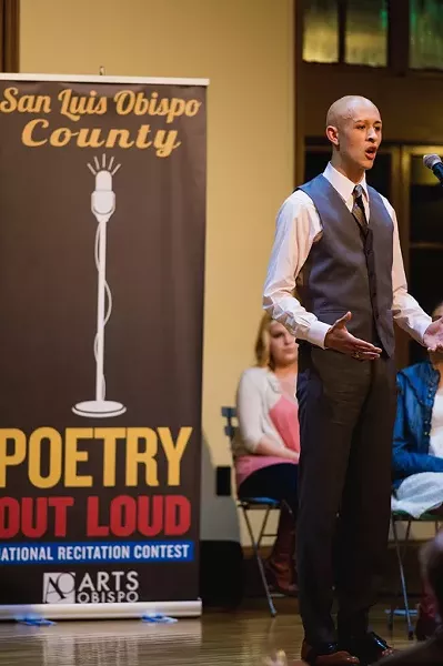 THE LION’S ROAR: Ethan McSwain, a senior at San Luis Obispo High School, took home first place and a place at the state competition in Sacramento for two stirring recitations of Philip Levine’s - “They Feed They Lion” and David Bottoms’ “Under the Vulture-Tree.” - PHOTO BY KAORI FUNAHASHI