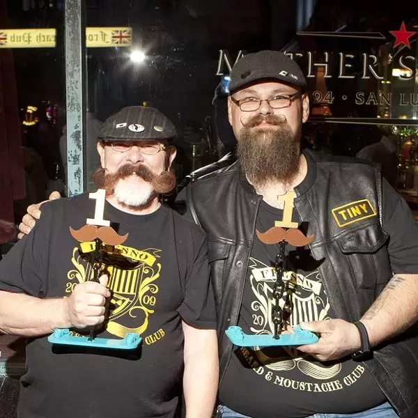 SLO LOST: Apparently members of the CCBMC weren’t allowed to compete in the contest, so two Fresno natives (very nice guys by the way) John (left) and Stephen (right) won best mustache and best beard respectively. - PHOTO BY STEVE E. MILLER