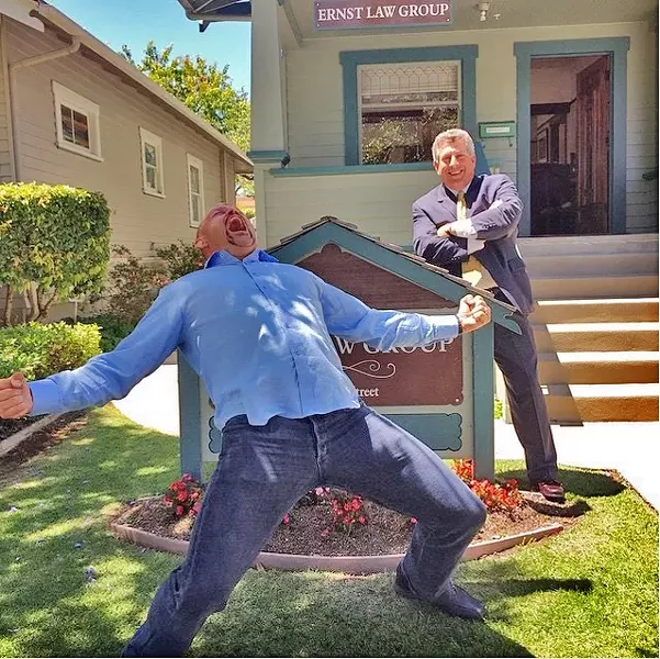 THE ICEMAN COMETH: Former mixed martial arts champion Chuck Liddell celebrates with his attorney Warren Paboojian after SLO County jurors awarded him $1.9 million in a lawsuit against a local escrow company. - PHOTO COURTESY OF HEIDI LIDDELL