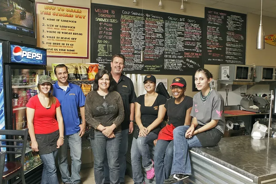 YOUR WAY: Caitlin Radtke (left), Ozzy McLaughlin, Lisa Evans, Brad Evans, Jacqueline Mercurio, Kristen Chanaiwa, Stephanie Muir make mouth-watering sandwiches. - PHOTO BY STEVE E. MILLER