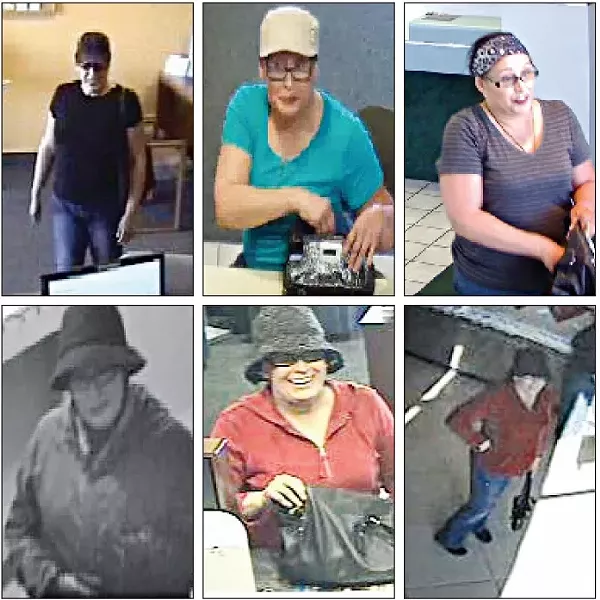 BUSY: Each of these stills shows the suspected Central Coast Bandit, who has robbed five financial institutions since December, three of them in San Luis Obispo County. - PHOTOS COURTESY OF THE FBI